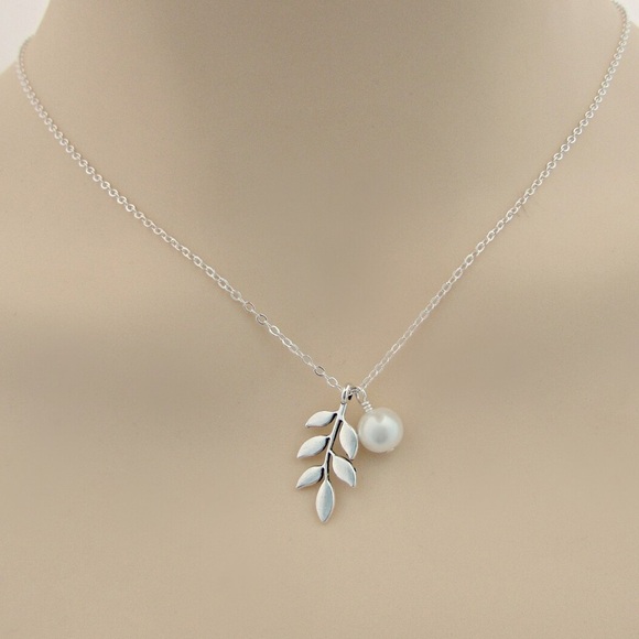 Jewelry - Silver Leaf and Pearl Necklace Leaf with Pearl Pendant,